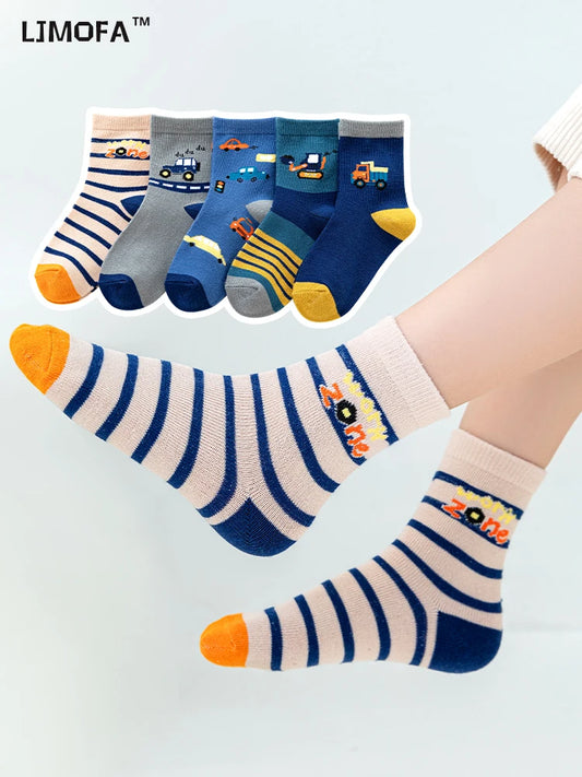 LJMOFA 5Pairs/lot  Baby Socks for Kids Boys Autumn Stripes Child Cotton Socks Cute Cartoon Car Toddler Clothes Accessories C153