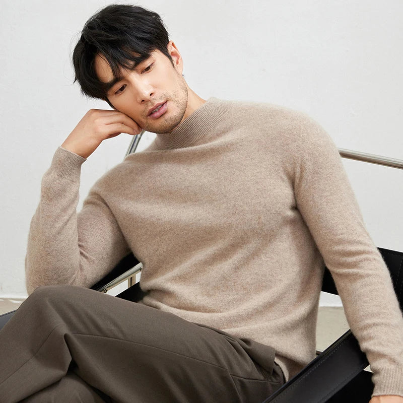 100% Pure Cashmere Men's Sweater Half High Neck Pullover Youth Business Casual Long Sleeve Jumper Spring/Autumn High-End Jacket