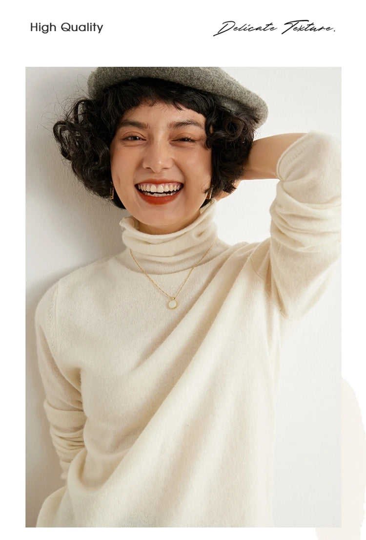 Women's 100% Cashmere Sweater Casual Solid Color Knitted Pullover Loose High Neck Jumper Autumn/Winter Warm Blouse Tops