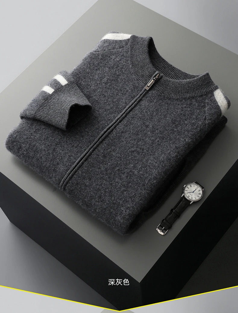 Winter Cashmere Sweater Men's Round Neck Knitted Jacket Contrast Striped Zipper Cardigan Youth Wool Thick Sweater