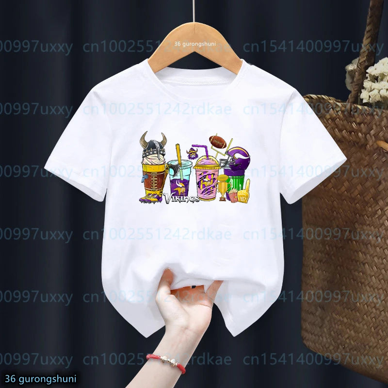 Nueva camiseta para niños, camiseta con estampado gráfico de taza de café de béisbol americano, camiseta de verano para niños pequeños, Top blanco de manga corta