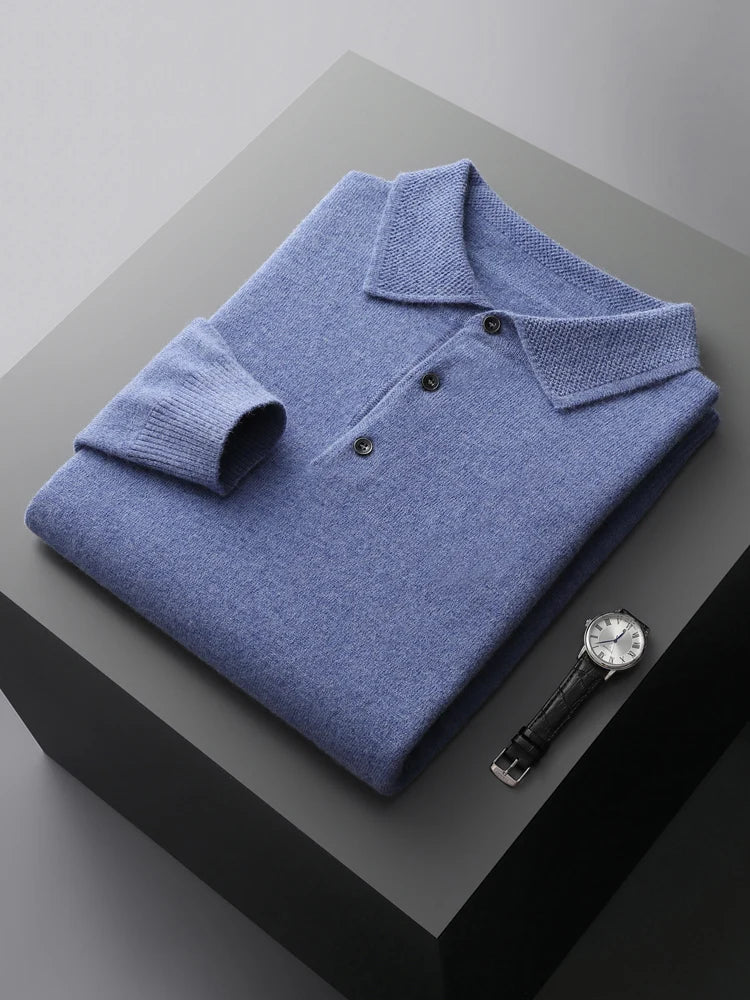 Fashion Autumn Winter New Cashmere Sweater Men's 100% Merino Wool Pullover Casual Loose POLO Knitted Bottom Shirt Jacket Shirt
