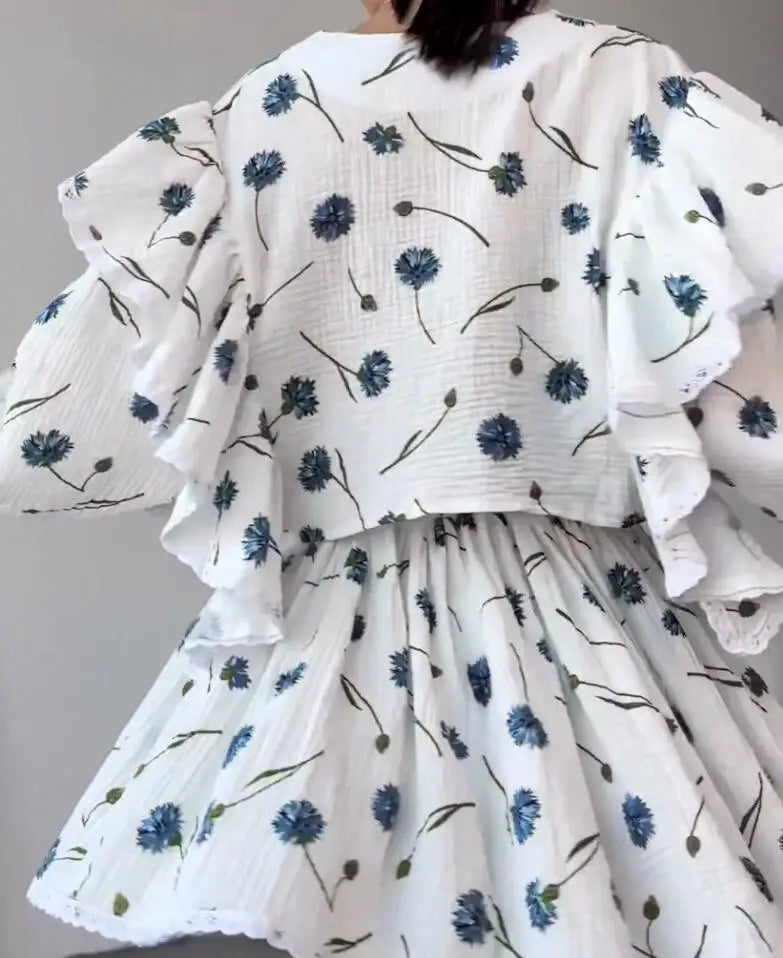 Spring And Summer New Fashion Ruffle Edge Long Sleeved Printed Shirt + Elastic Waist Short Skirt Set For Women,4 Colors