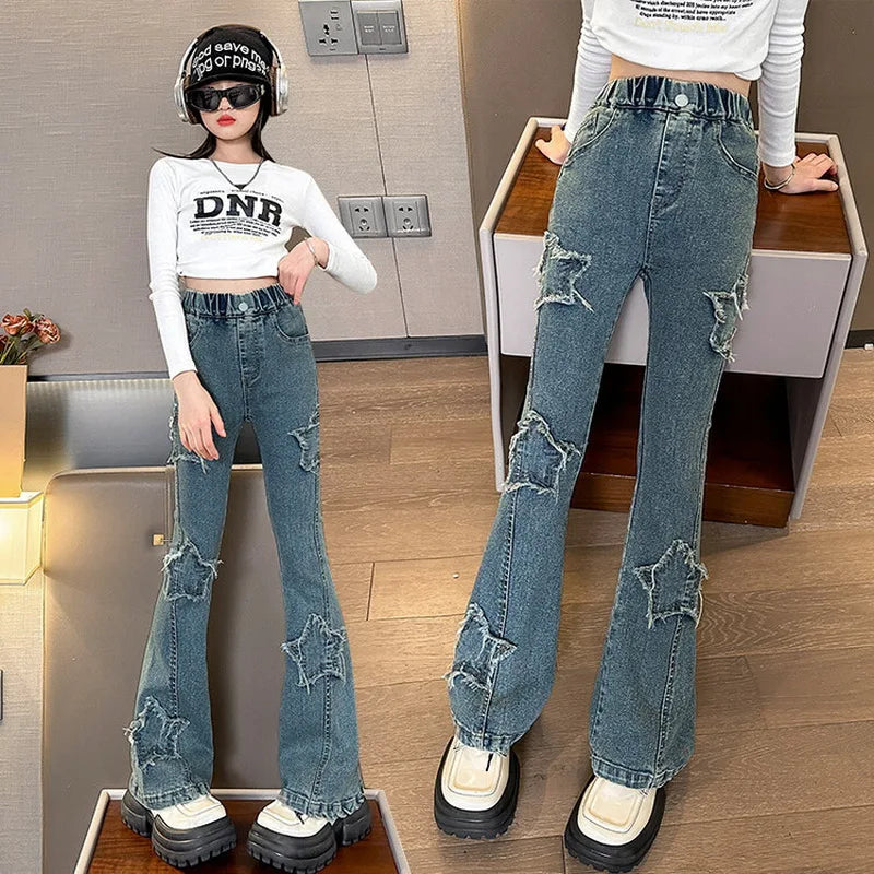 Teen Girls Jeans Spring Autumn Star Design Flare Pants Children Vintage High Waist splicing Horseshoe Trousers Kids 5- 14Y