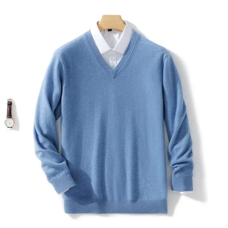 Soft Cashmere Sweater Men's Clothing Autumn Winter Pullover Business Casual Bottom V-neck Knitted Woolen Slim Fit Knitwear Male