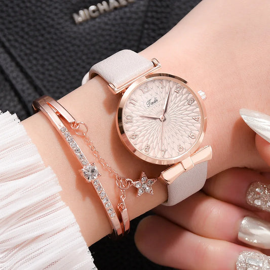 Fashion Women Watches Luxury Leather Buckle Flower Rhinestone Watch Ladies Quartz Wrist Watch Bracelet Set Reloj Mujer