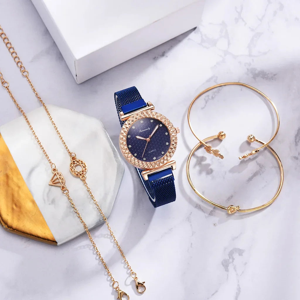 Luxury 5pcs Set Bracelet Watch Women Elegant Magnet Diamond Ladies Quartz Wrist Watch Dress Pink Clock Reloj Mujer Dropshipping