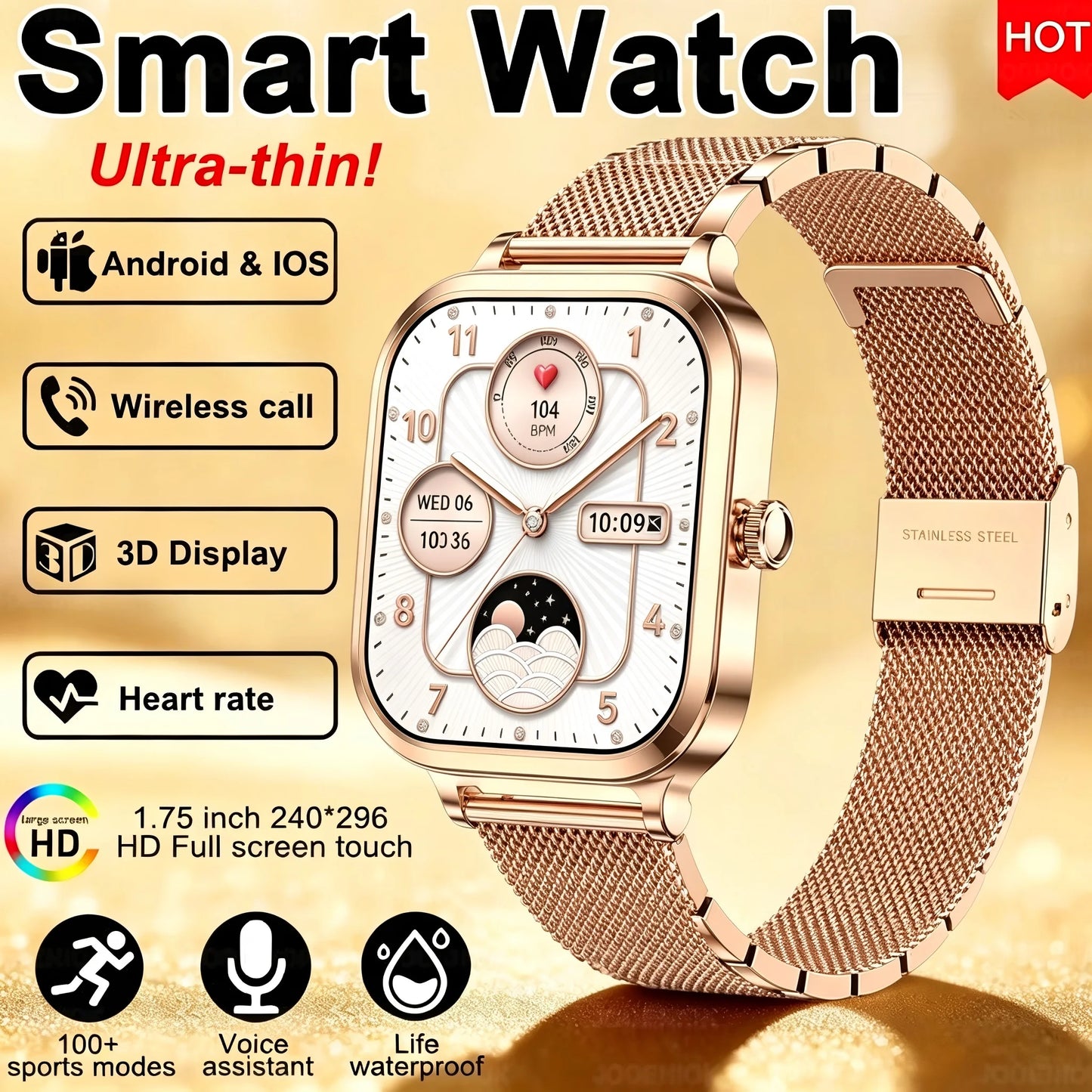 2026 best-selling women's smart watch, 1.75in, AMOLED HD screen, voice control, NFC, breathing exercises, women's health, SOS