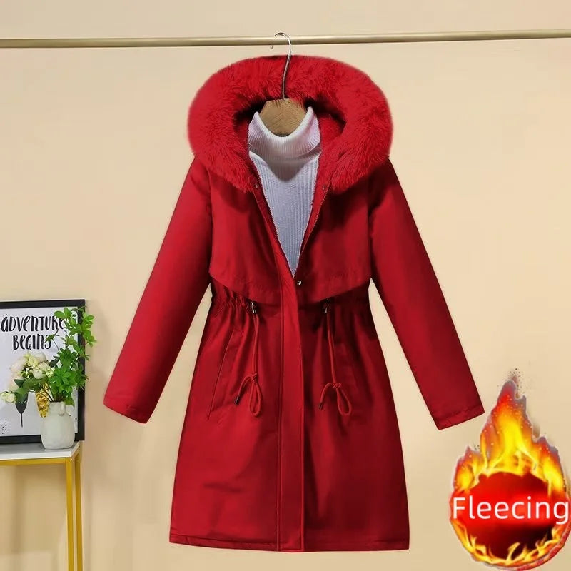 Winter Women Clothes Wool Liner Jacket Casual Thick Parka Fur Collar Long Coat Warm Hooded Snow Wear Padded Solid Colour Jackets