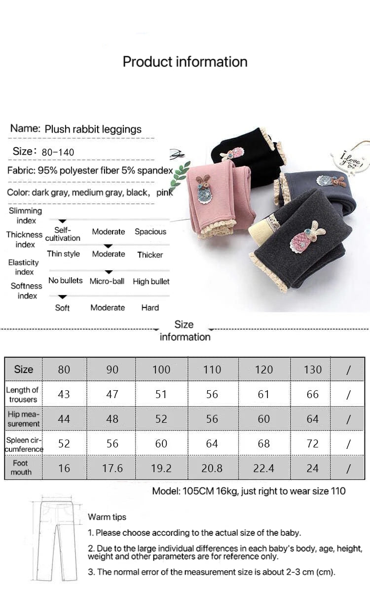 Girls Thermal Leggings Autumn Winter Kids Cute Rabbit Simplicity Tight Warm Trousers Baby Children Skinny Pants Casual Bottoms