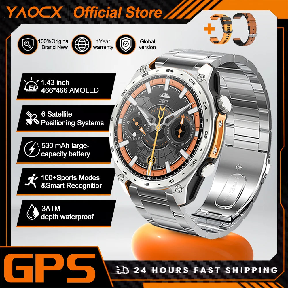 2026 New Smart Watch for Men with Built in GPS Maps 100+ Sport Modes 3ATM Waterproof BT Call MP3 MP4 Playback Altitude Compass