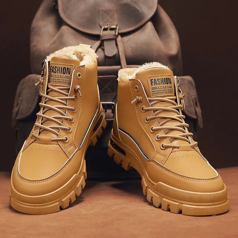 Winter Fleece-Lined Warm High-Top Men's Boots, Korean Style Versatile Men's Boots, Thickened Lightweight Cotton Shoes, Trendy Outdoor Snow Boots