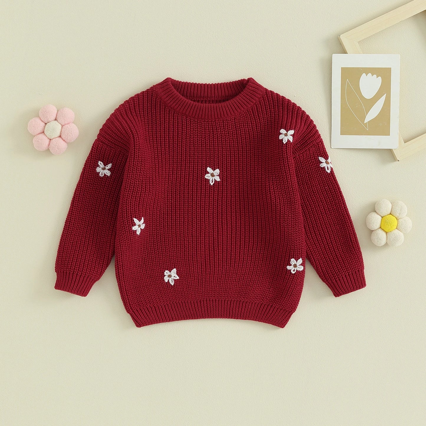 Ropa de invierno para niña, suéter bonito de flores, jersey de cuello redondo para niños pequeños, suéteres tejidos de manga larga para recién nacidos