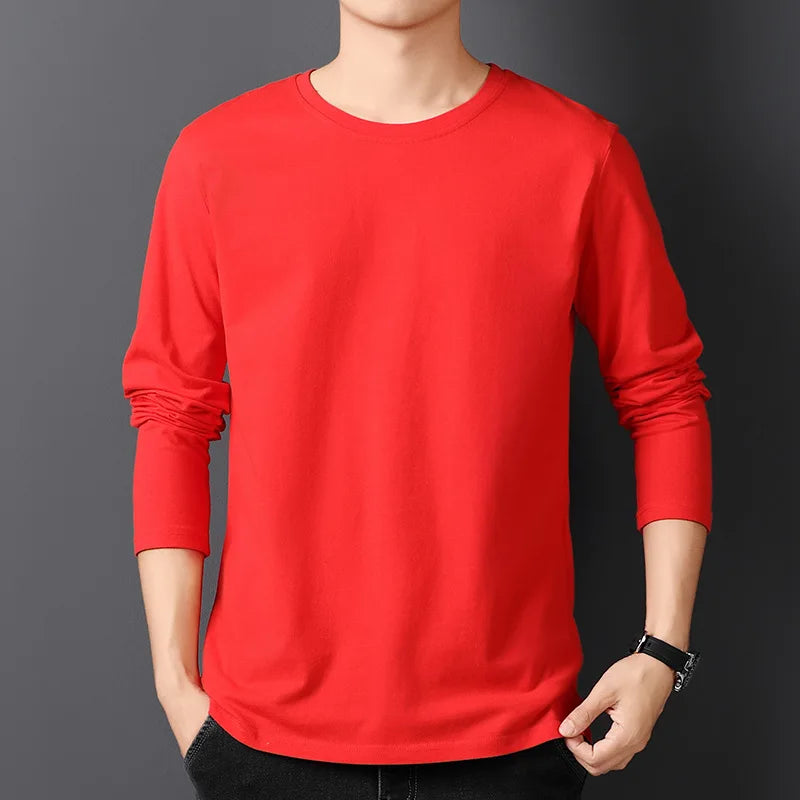 Spring Autumn 100% Cotton T-Shirts Men Solid Round Neck Long Sleeve Casual Tshirt Male Comfortable Breathable Korean Slim Tees