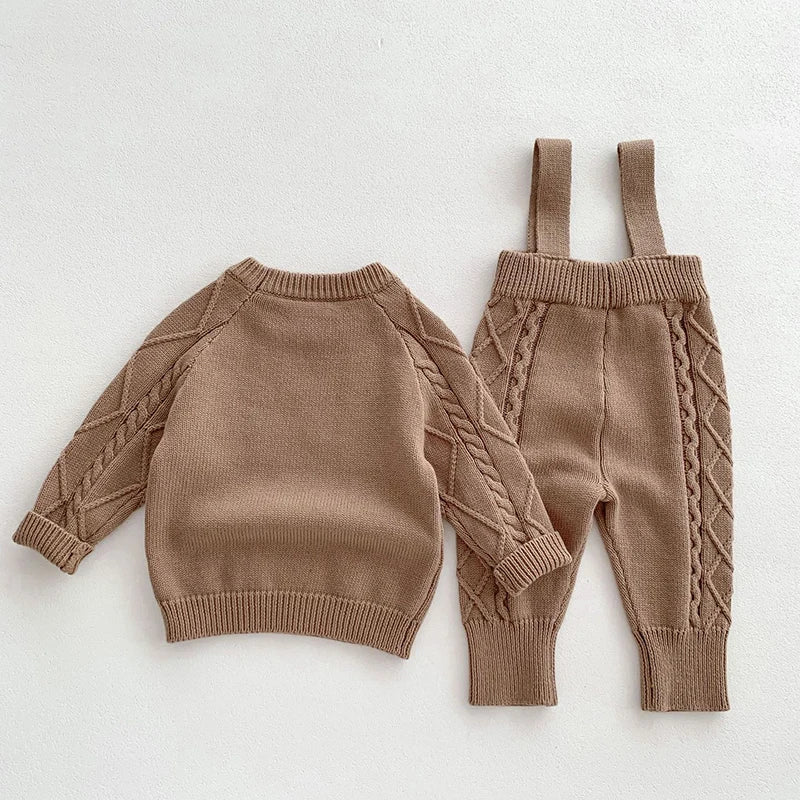 Otoño primavera estilo coreano recién nacido niñas niños Color sólido tejido ropa conjunto suéter general niños ropa traje