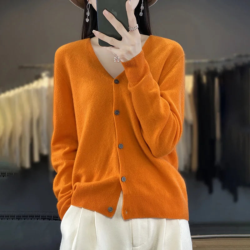New Fashion Spring Autumn 100% Merino Wool Women's V-neck Cardigan Cashmere Sweater 2024 Female Knitwear Clothing Korean Tops