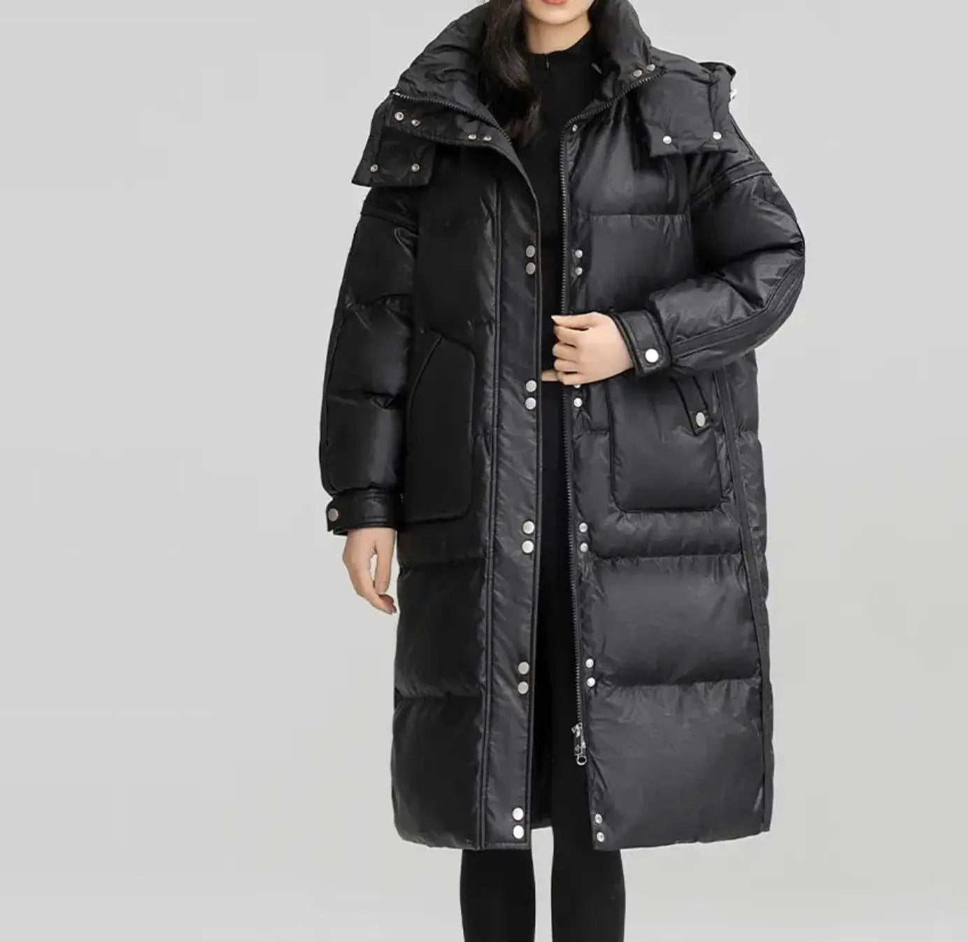 Winter Color-matched Plaid Hooded Casual Knee-length Down Jacket