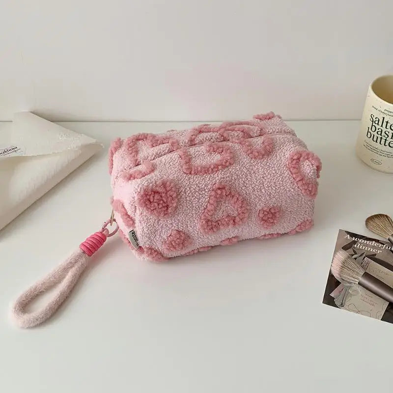 Cute Plush Makeup Bag For Women Portable Travel Small Cosmetic Bags Solid Color Zipper Toiletry Bag Washing Pouch Storage Bags