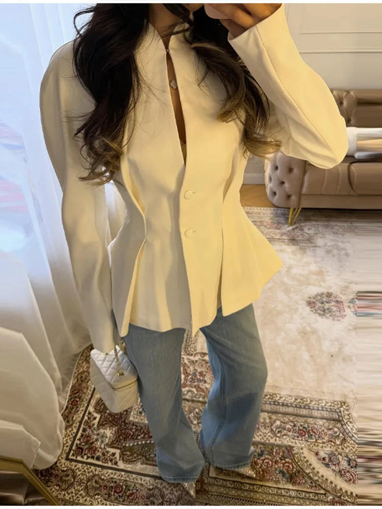 Elegant Pleated Waist Cinched Women's Jacket  Chic V Neck Single Breasted Lace Up Coat 2026 Lady Casual Slim Commute Outerwear