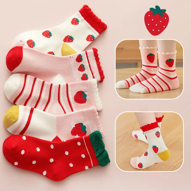 5 par/lote de calcetines de algodón suave para niños, calcetines coreanos con estampado de flores y corazones de amor para niñas, calcetines cálidos de tubo medio para otoño e invierno para niños