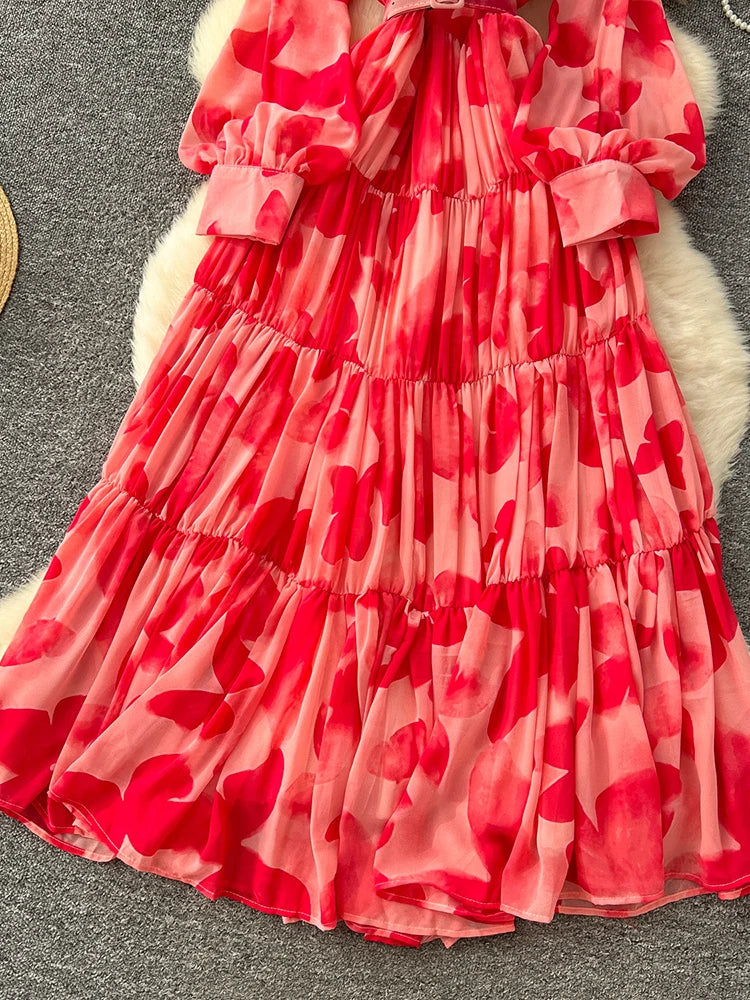 Spring Summer Women's Long Sleeved Printed Large Swing Dress New French Fashion Beach Style Cinched Round Neck Long Dress Y01