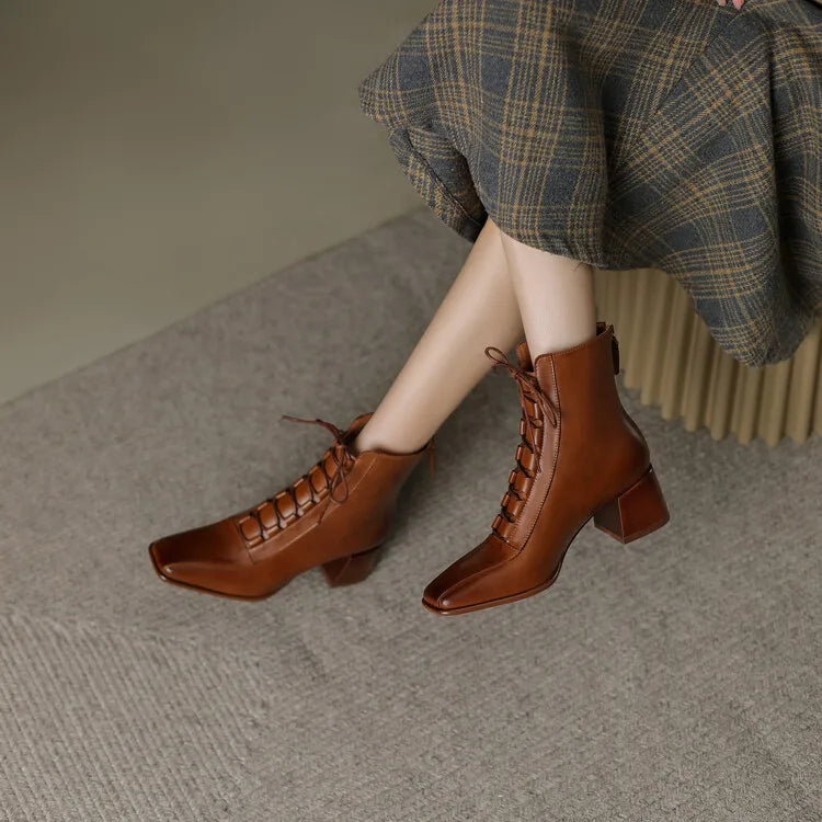2022 Autumn Women Boots Square Toe Back Zipper Women Shoes Chunky Heels Shoes for Women High Heel Boots Vintage Leather Shoes