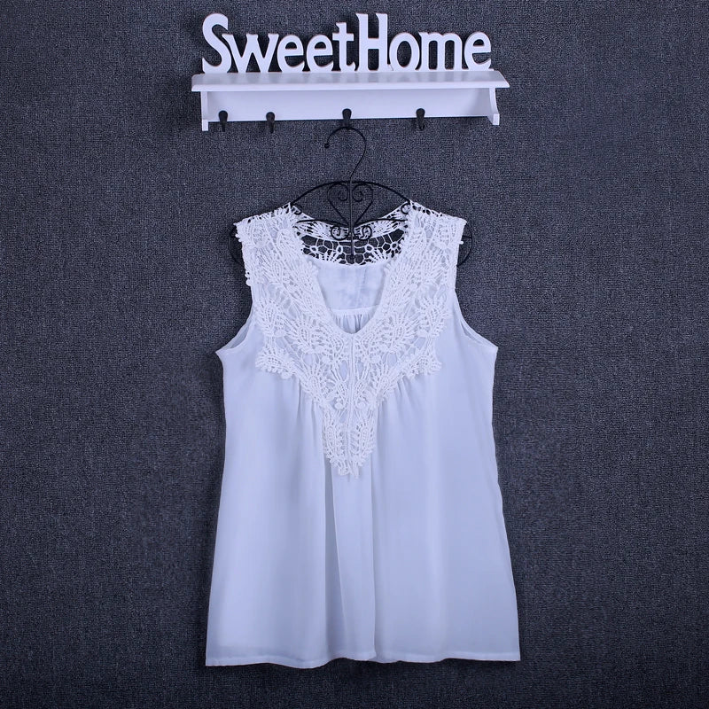 Summer tops for women  Fashion Lace Chiffon blouse V-Neck Loose Casual Chiffon Shirt