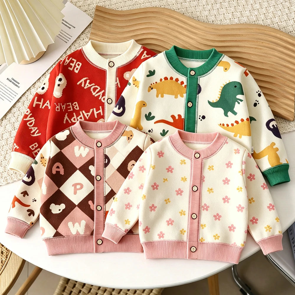 Boys Girls Knit Cardigan Kids Toddler Baby 1 2 3 4 5 6 7 8 Years Cute Floral Bear Dinosaur Knitwear Sweater Button Up Tops