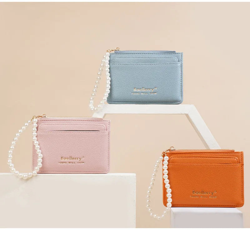 Fashionable Womens Card Case Ins Trend High Class Pearl PU Small Purse
