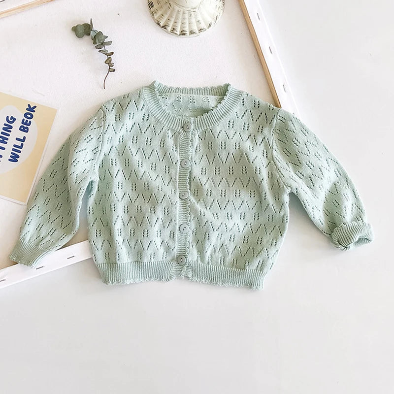 Newborn Baby Girls Knitting Cardigan Solid Color Hollow Out Long Sleeve Cardigan Autumn Spring Toddler Baby Girls Sweater Coat