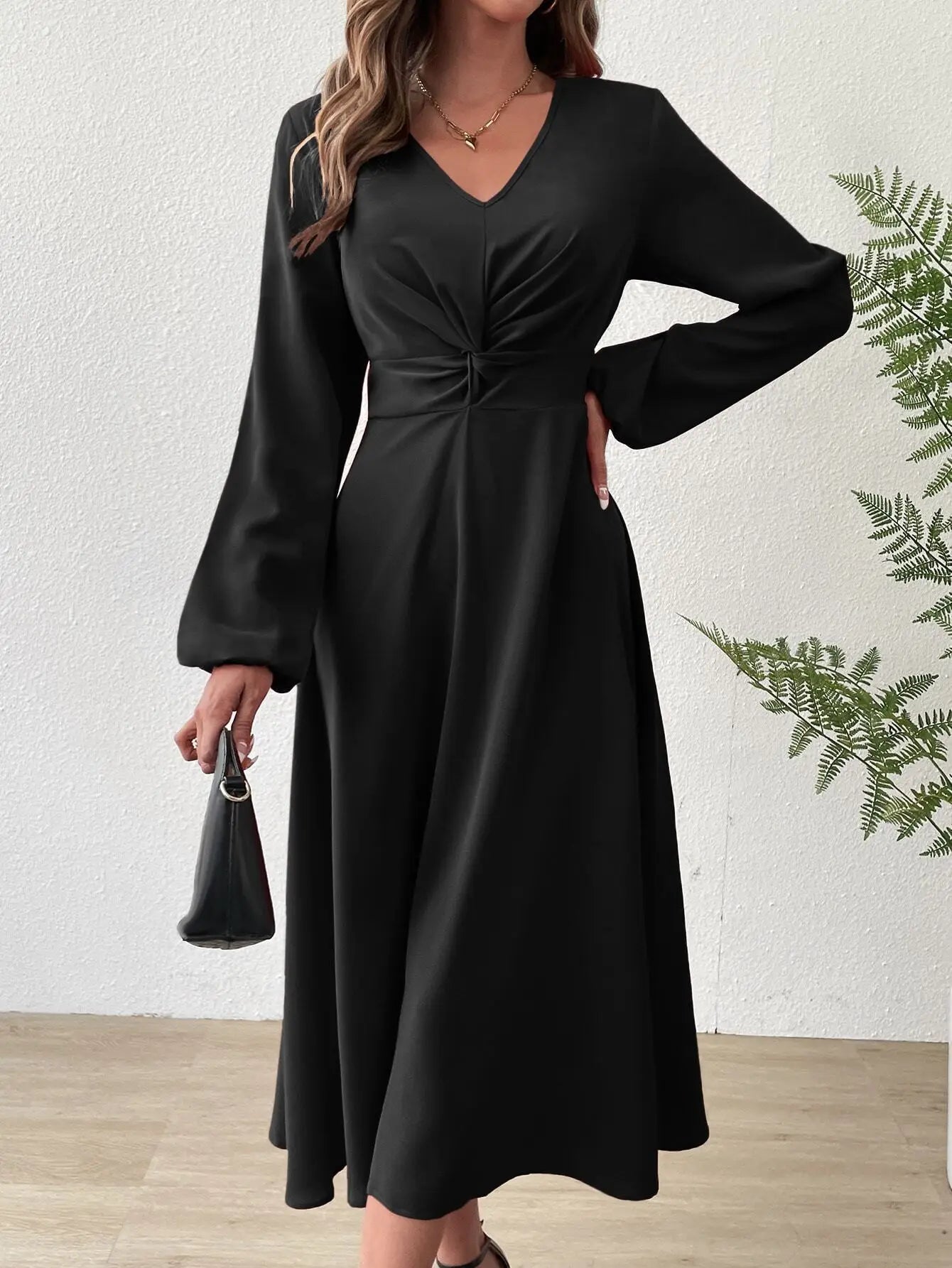European American Fashion Spring Summer Fashion V-neck Lantern Long-sleeved Skirt Twisted Edge Elegant Mid-length Dress