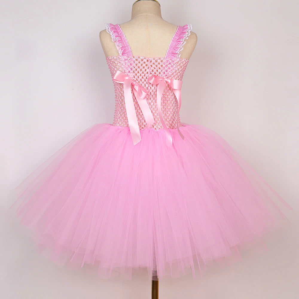 Baby Pink Plaid Barbi Ballet Tutu Dress for Girls Birthday Party Costumes for Kids Christmas New Year Princess Outfit with Bow