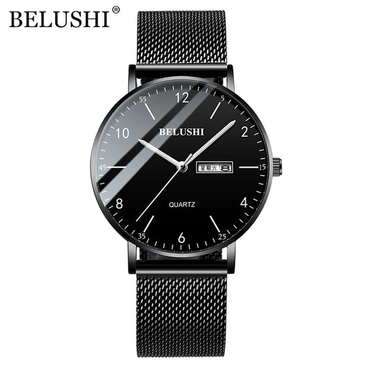 BELUSHI Quartz Watch for Men Luxury Mesh Steel Casual Watches Waterproof Business Male Wristwatch