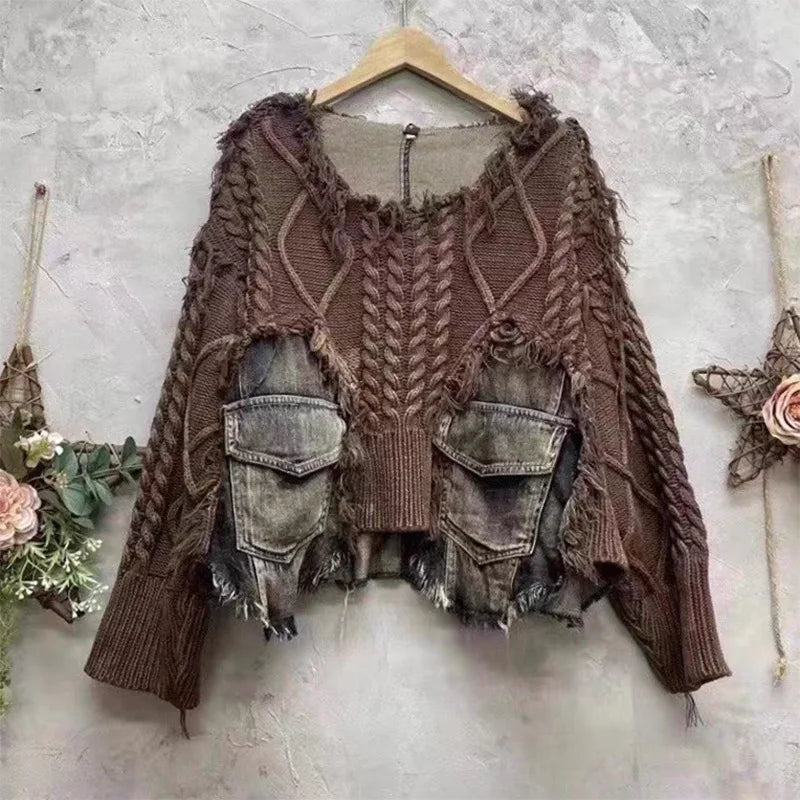 Tannt Women Sweater Patchwork Asymmetry Pullover Knitting Tops Asymmetry Color Matching Loose Long Knitting Sweaters 2025 New