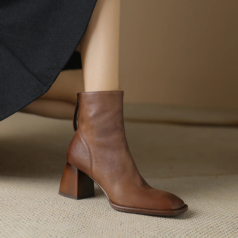 2024 Autumn/winter Women Boots High Heels Square Toe Short Boots Women Shoes Office Lady Gladiator Lady Shoes Genuine Leather