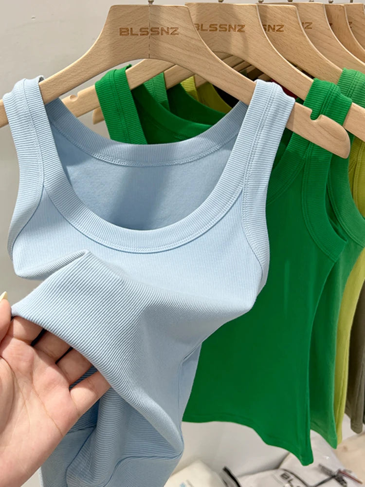 Women Solid Round Neck Ribbed Tank Top Camisole Women 2026 Summer Basic Elastic Tank Top O Neck Solid Tank Top