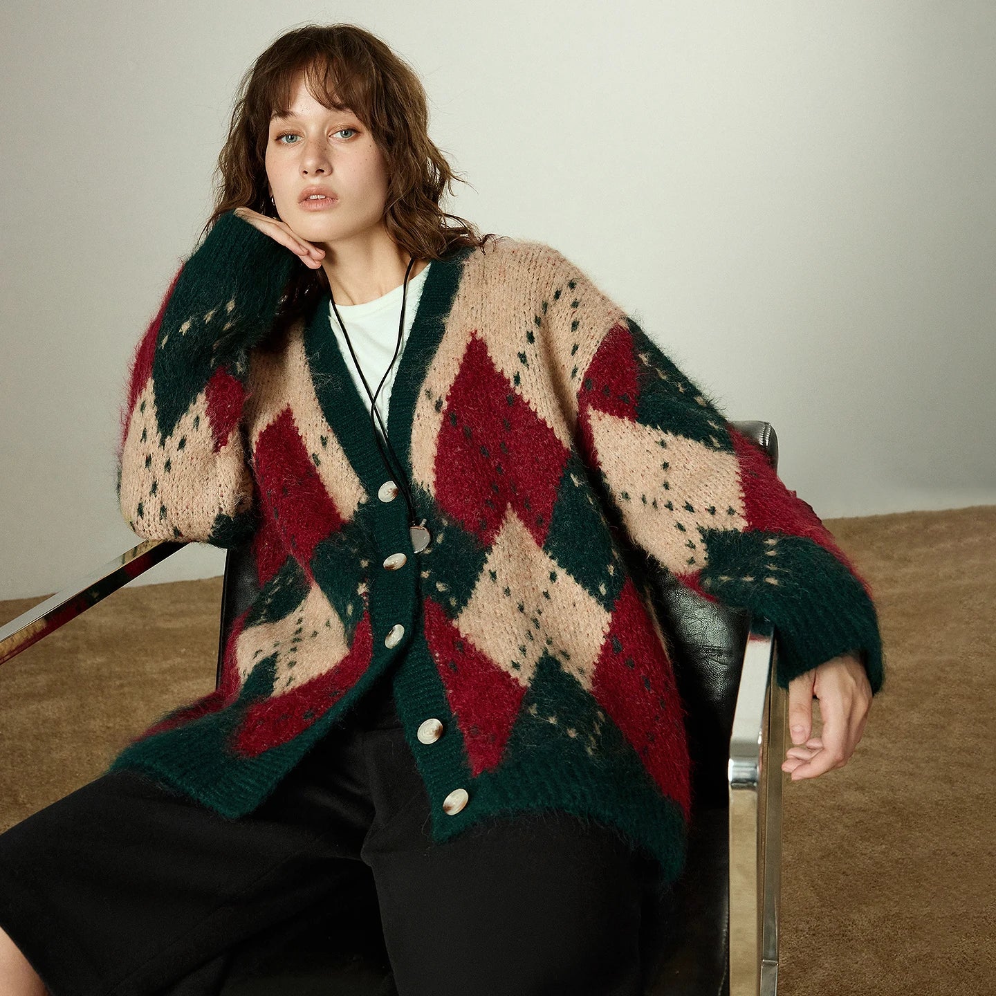 TOYOUTH Women Sweater Coats 2025 Winter New Retro Nordic Colorblock Argyle V-Neck Loose Wool-Blend Outerwear