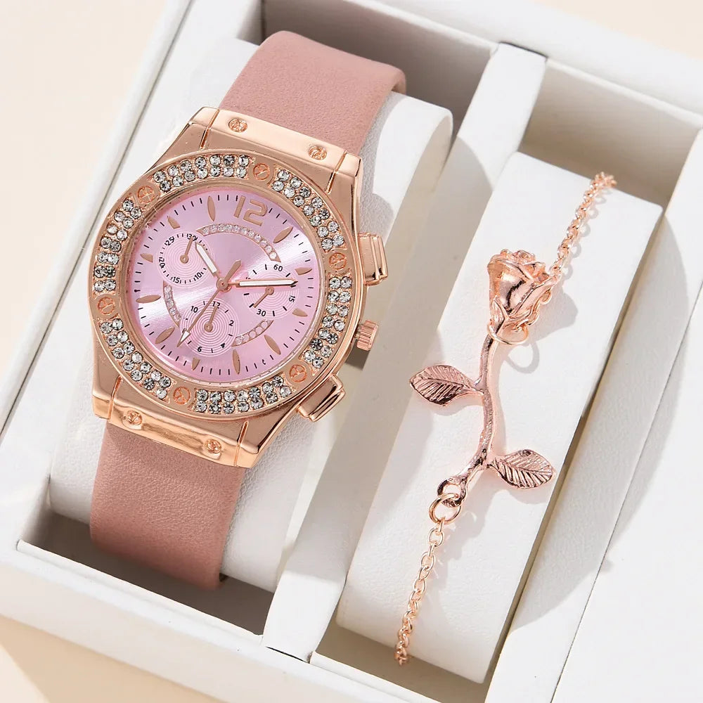 2pcs Elegant Wristwatch Flower Bracelet Watches Set Luxury Rhinestone Women Quartz Watch for Girl Ladies Clock Relogios Feminino