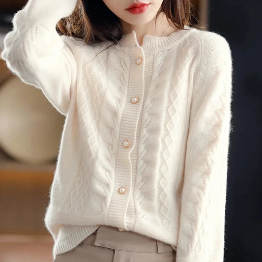 Cashmere Sweater Cardigan Women Single Breasted Long Sleeve Elegant Vintage Jumper Solid Wool Knitted Autumn Winter Outwear