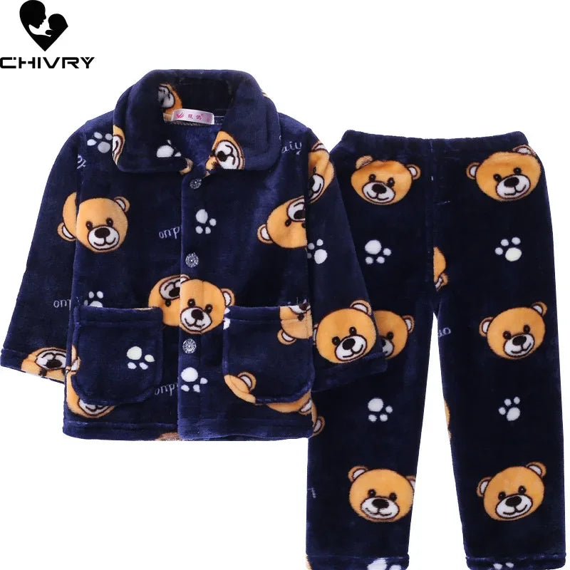 New Kids Flannel Pajama Sets Boys Girls Autumn Winter Thicken Warm Home Wear Cartoon Lapel Long Sleeve Sleeping Clothing Sets