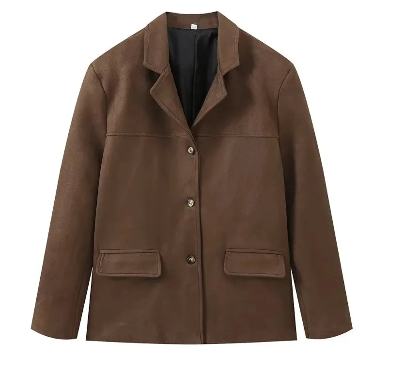 2026 Winter Women Elegant Jacket with Lapel Casual Single Breasted Pocket Long Sleeve Short Coat Street Overcoat Vintage Top