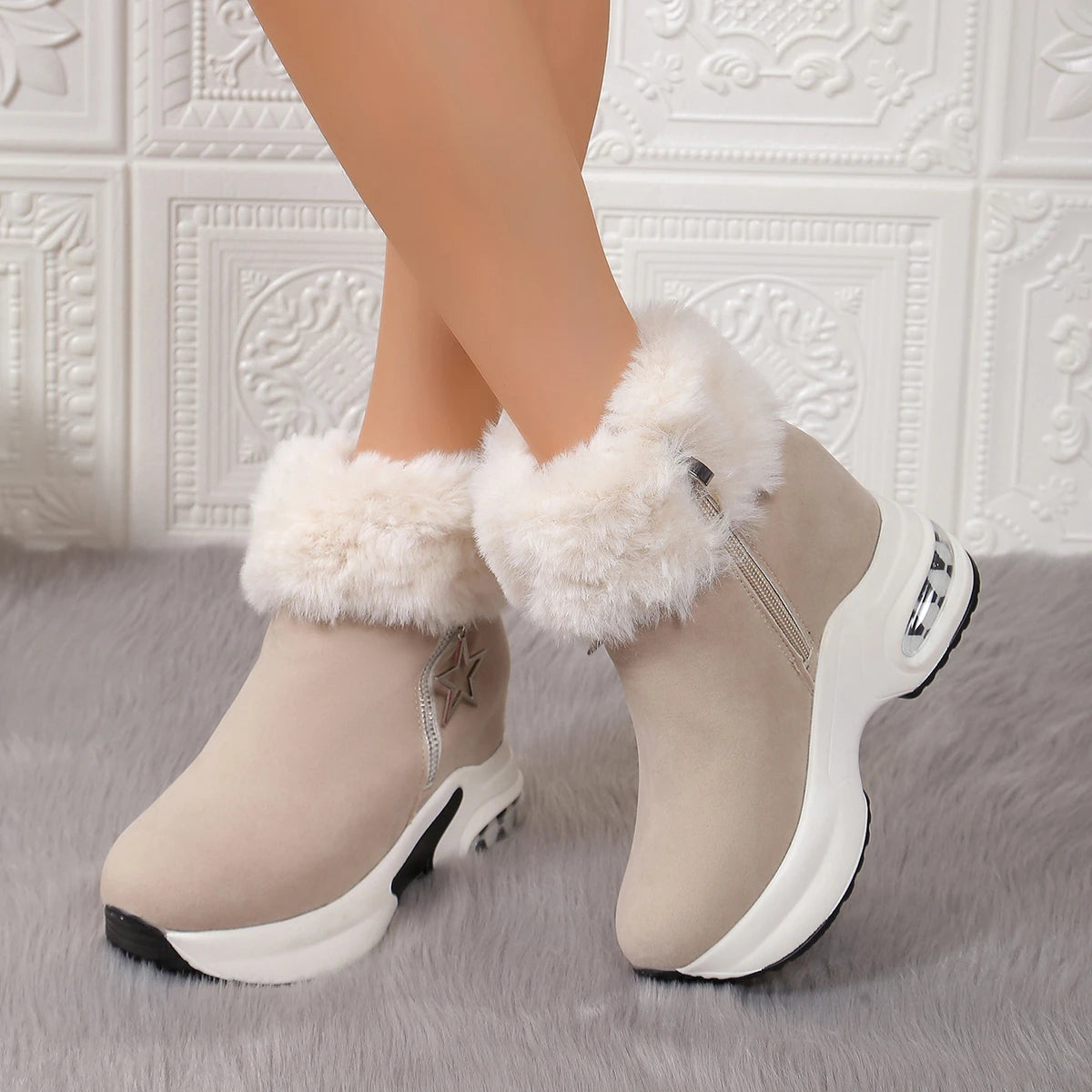 Women Boots Winter 2024 New Casual High Heels Warm Boots Thickened Fluff Wedge Shoes Fashion Outdoor Platform Snow Boots Women