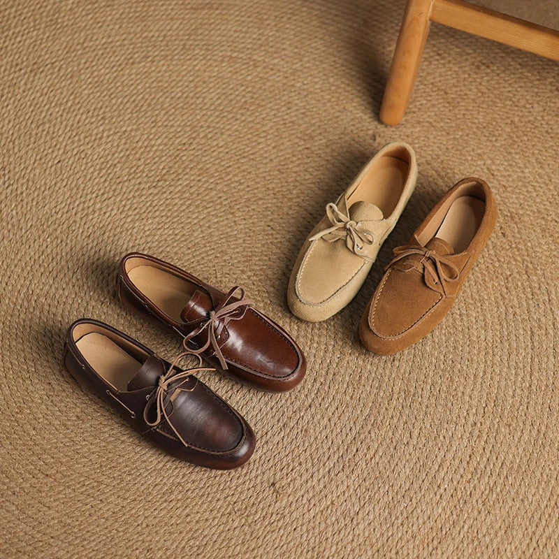 2026 New Spring Genuine Leather Women Shoes Round Toe Women Flats Shoes for Women Retro Lace Up Loafers Fashion Ladies Shoes