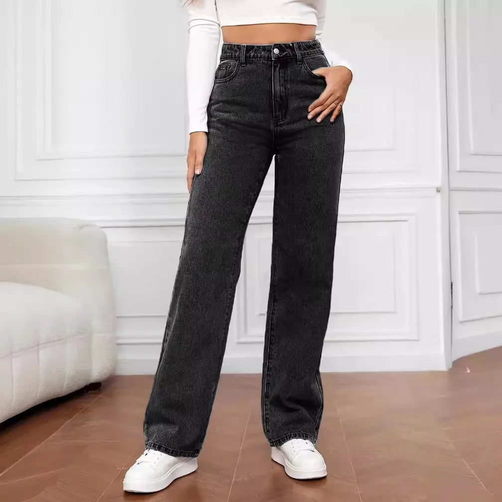 Fashionable Lady's Jeans - Summer High-Waisted Slim-Fitting Comfortable Solid-Color Women's Straight-Leg Long Pants