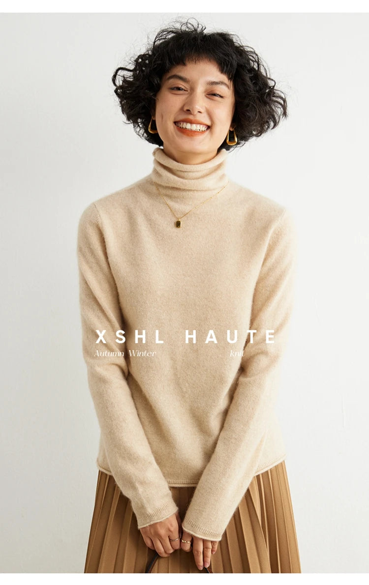 Women's 100% Cashmere Sweater Casual Solid Color Knitted Pullover Loose High Neck Jumper Autumn/Winter Warm Blouse Tops