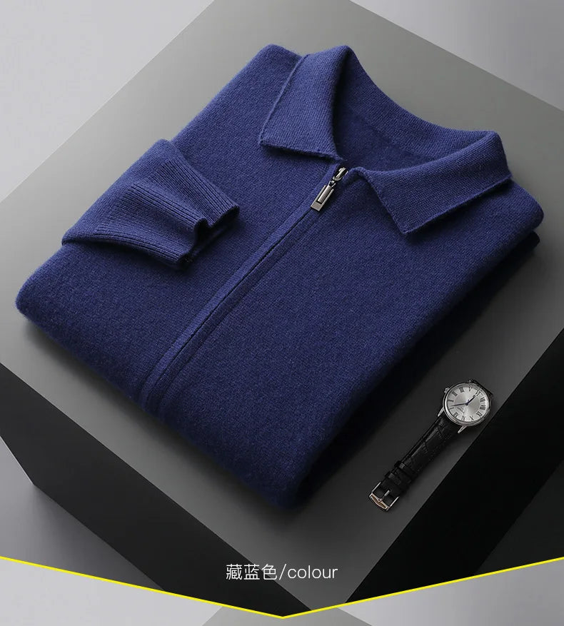 Men's Cardigan 100% Pure Cashmere Jacket Zippered Lapel Knit Sweater, Loose Thickened Long Sleeved Business Casual Autumn Winter