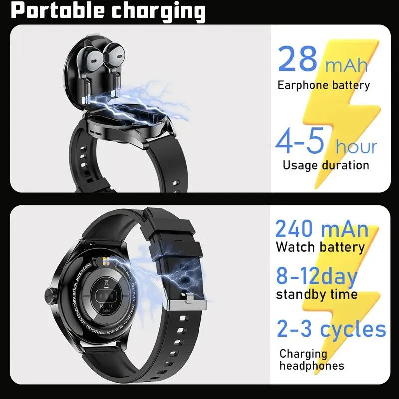 New TWS men's and women's watches, 2-in-1 smart watch, supports wireless calling, stylish round alloy case, intelligent sports f