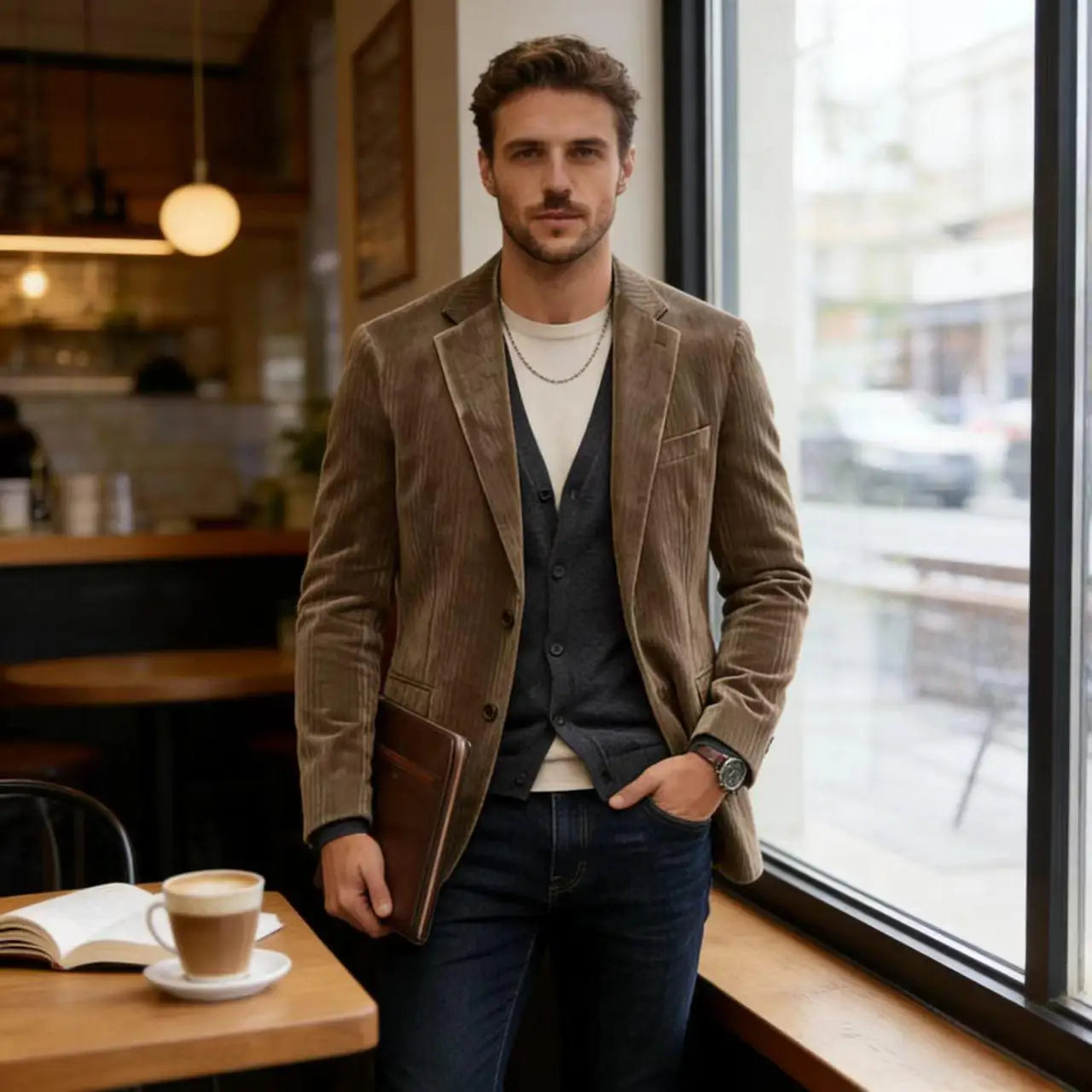 Men's Corduroy Blazer Jacket Casual Double-Sided Snow Cotton Slim Fit Notched Lapel Sport Coat for Business Daily Wear