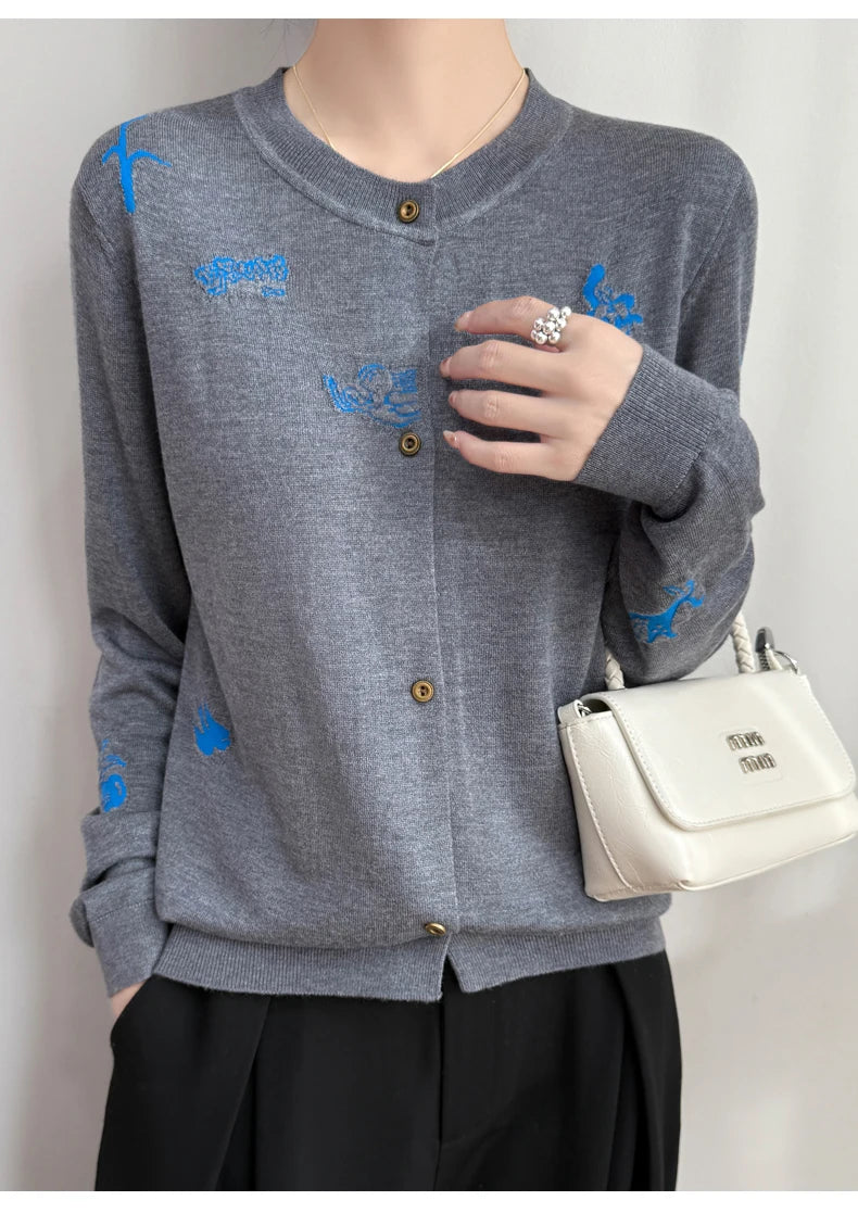 2025 New Merino Worsted Wool Women Sweater Spring Female Knitted Cardigan Long Sleeve Solid Clothing Tops Embroidery Outerwear