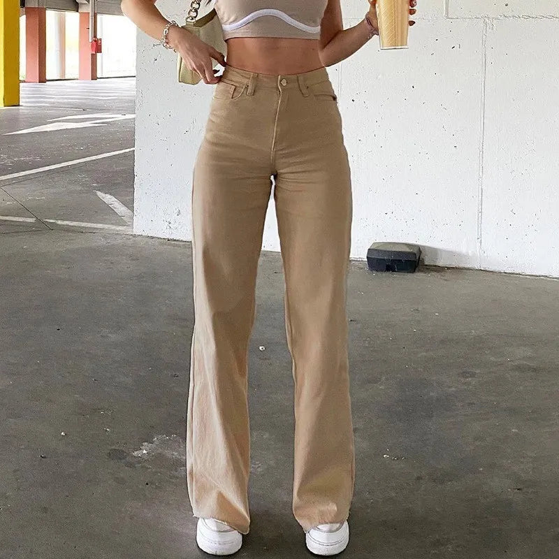 Fashionable Lady's Jeans - Summer High-Waisted Slim-Fitting Comfortable Solid-Color Women's Straight-Leg Long Pants